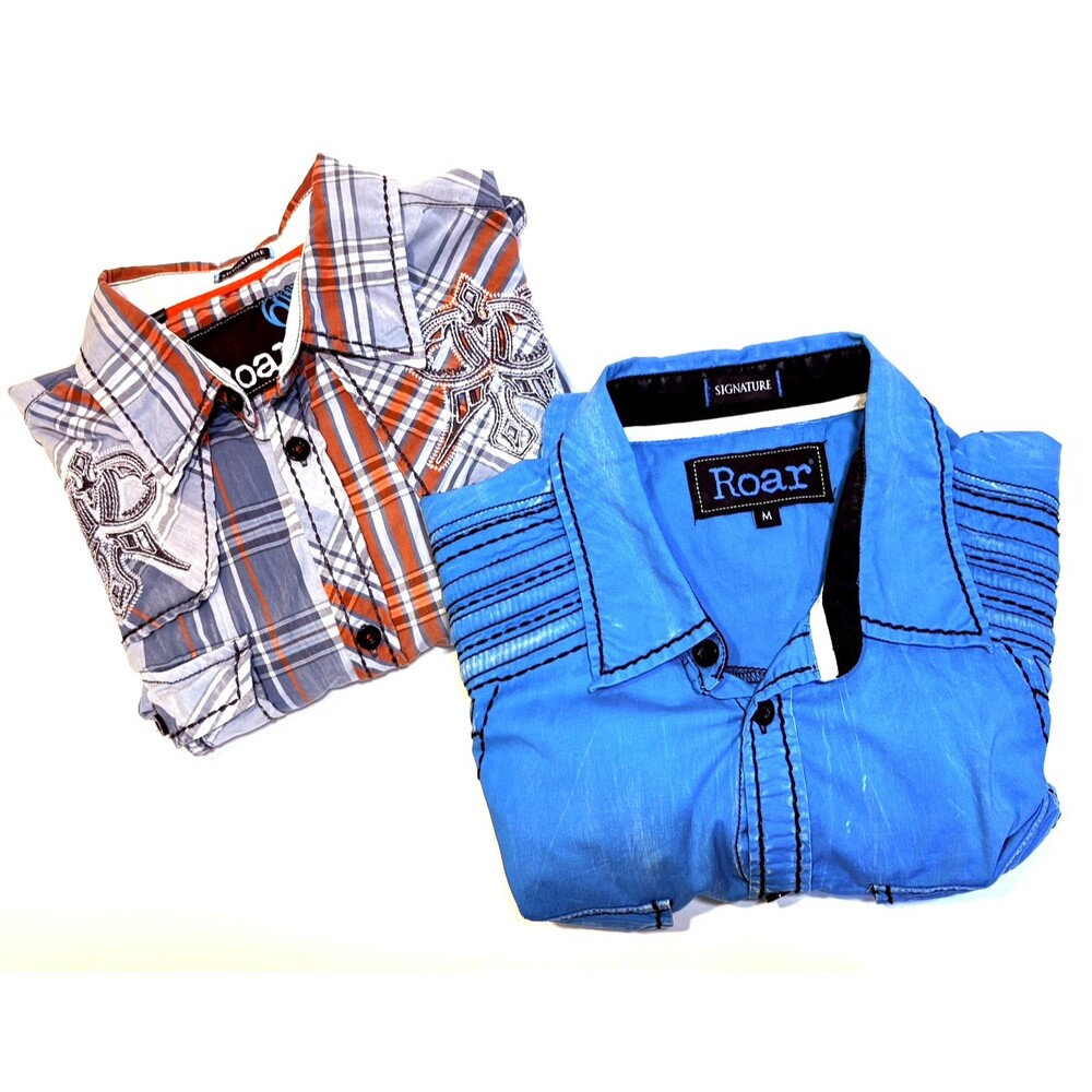 2‎ - Roar Shirts Size Medium Gray Plaid & Turquoise Blue Embroidered Embellished